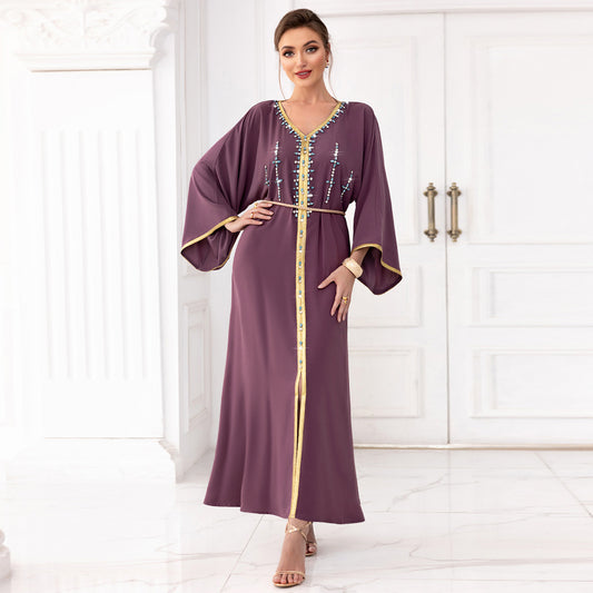 Spinach Root Color Hand-stitched Diamond Dubai Sleeve Dress