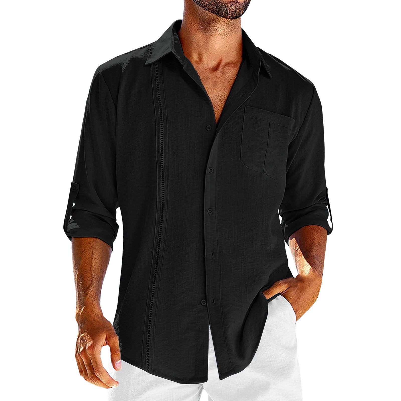 Casual Long Sleeve Shirt Polo & Solid Color Button Mens Clothing