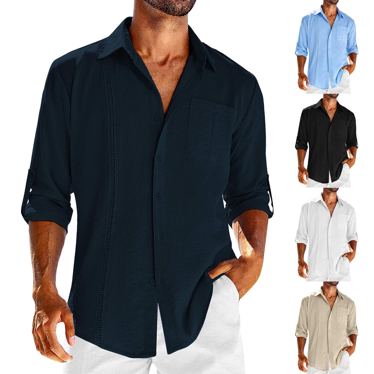 Casual Long Sleeve Shirt Polo & Solid Color Button Mens Clothing
